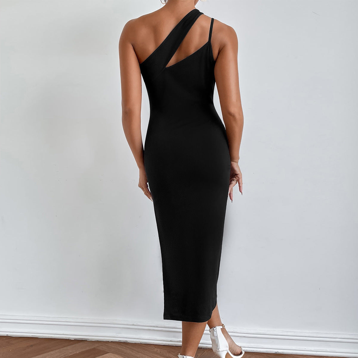 Slit Shoulder Slimming Open Back Dress