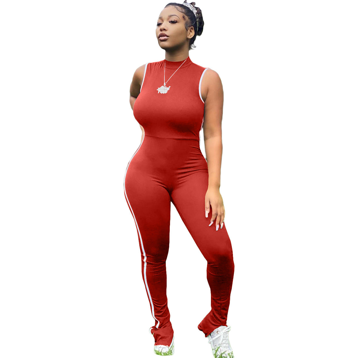 Sexy Striped Stitching Split Sleeveless Hip-lifting Sports Jumpsuit - Dignitestore Red / S Rompers