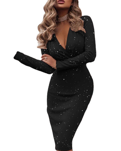 Long-sleeved Slim Collar Sequined Hip Tight-fitting Nightclub Dress Women