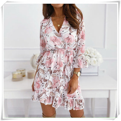 Summer Sexy V-Neck Chiffon Print Lantern Sleeve Ruffle Slim Dress