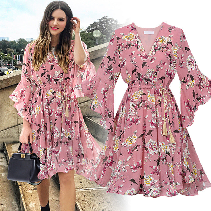 Floral V-neck flared sleeve dress