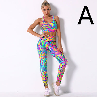 Digital Printing Shockproof Gather Bra Yoga Sports Fitness Suit Set - Dignitestore A / S Leggings