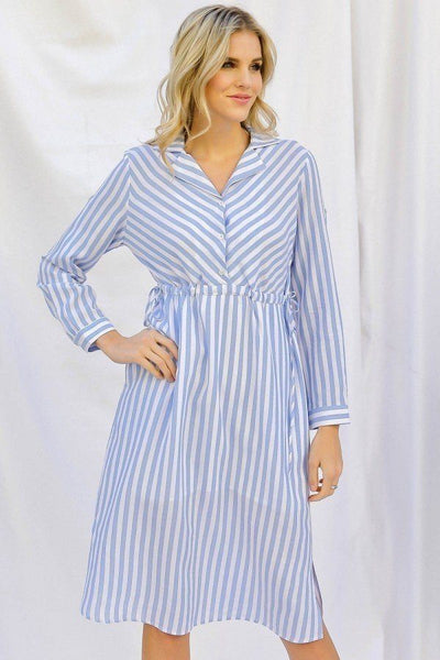 Stripe Print Cinched Waist Long Sleeve Shirt Midi Dress - Dignitestore