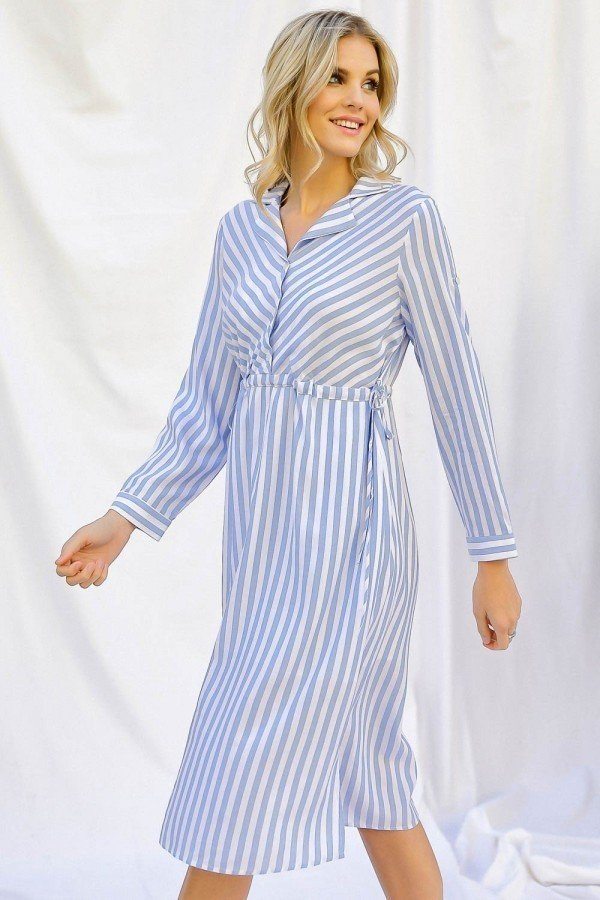 Stripe Print Cinched Waist Long Sleeve Shirt Midi Dress - Dignitestore