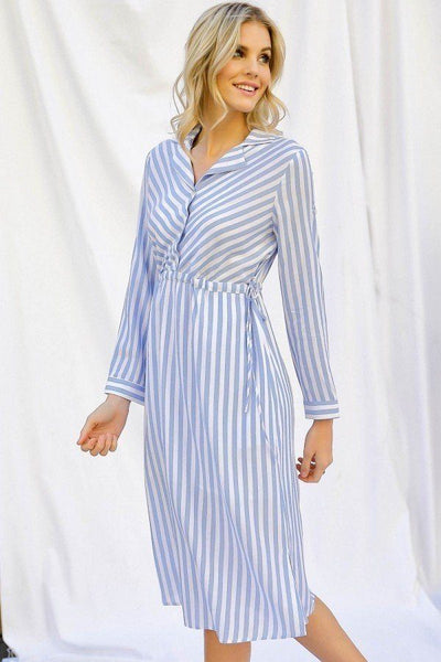 Stripe Print Cinched Waist Long Sleeve Shirt Midi Dress - Dignitestore