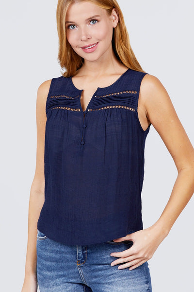 Sleeveless Front Pleats Detail W/button Woven Top - Dignitestore