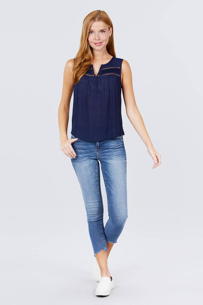 Sleeveless Front Pleats Detail W/button Woven Top - Dignitestore