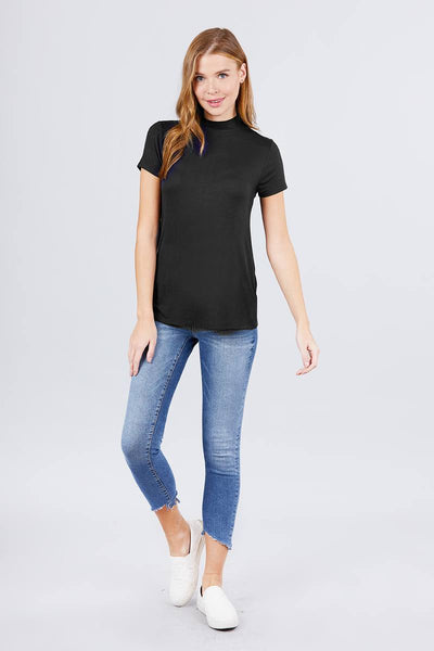 Short Sleeve Mock Neck Rayon Spandex Rib Top - Dignitestore