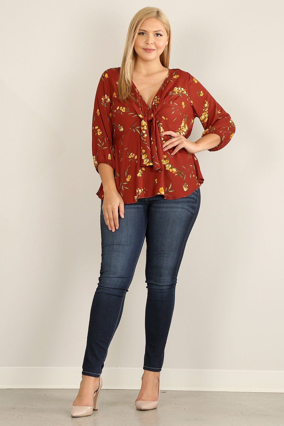 Plus Size Floral Print 3/4 Sleeve Top With V-neckline And Relaxed Fit - Dignitestore