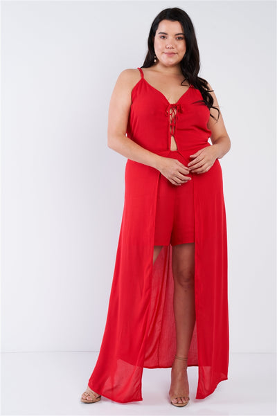 Plus Size Red Maxi Lace Up Romper Dress - Dignitestore