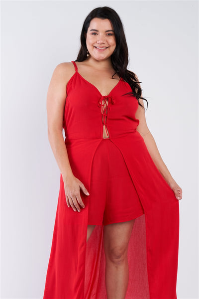 Plus Size Red Maxi Lace Up Romper Dress - Dignitestore