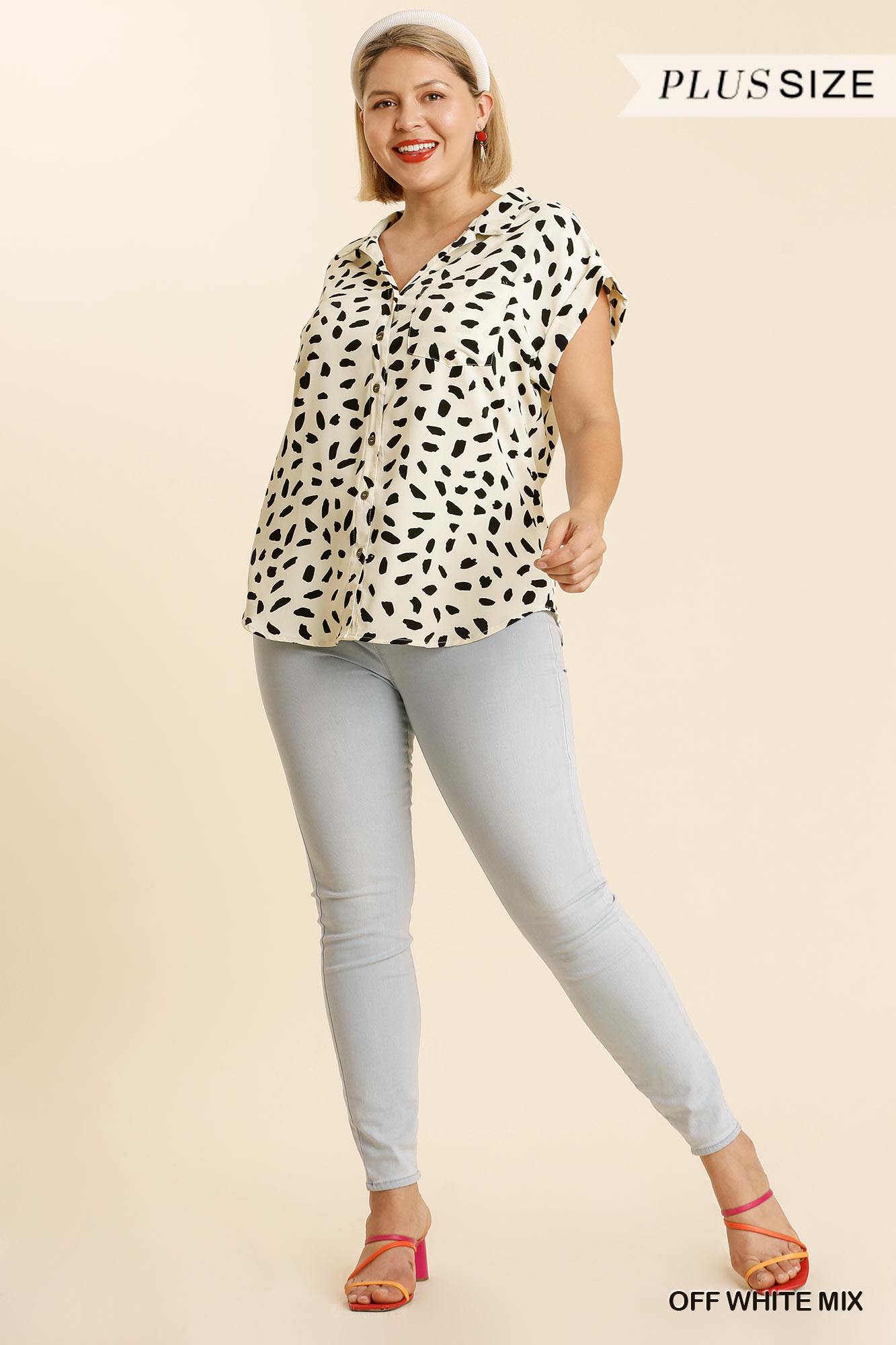 V-neck Dalmatian Print Button Front Top With Pocket Detail - Dignitestore
