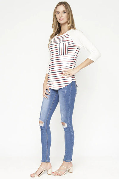 Stripe 3/4 Sleeve Round neck Knit Top