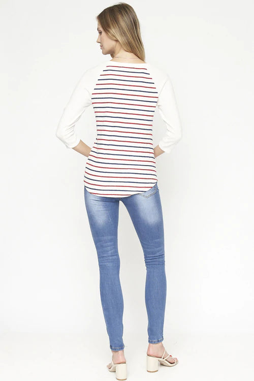 Stripe 3/4 Sleeve Round neck Knit Top