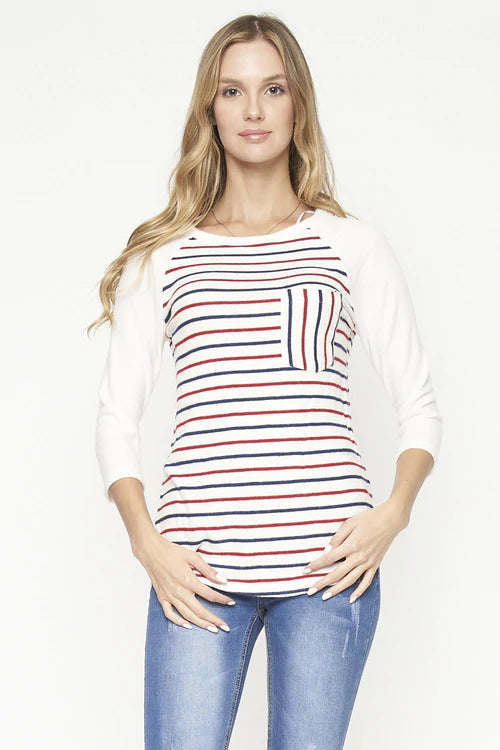 Stripe 3/4 Sleeve Round neck Knit Top