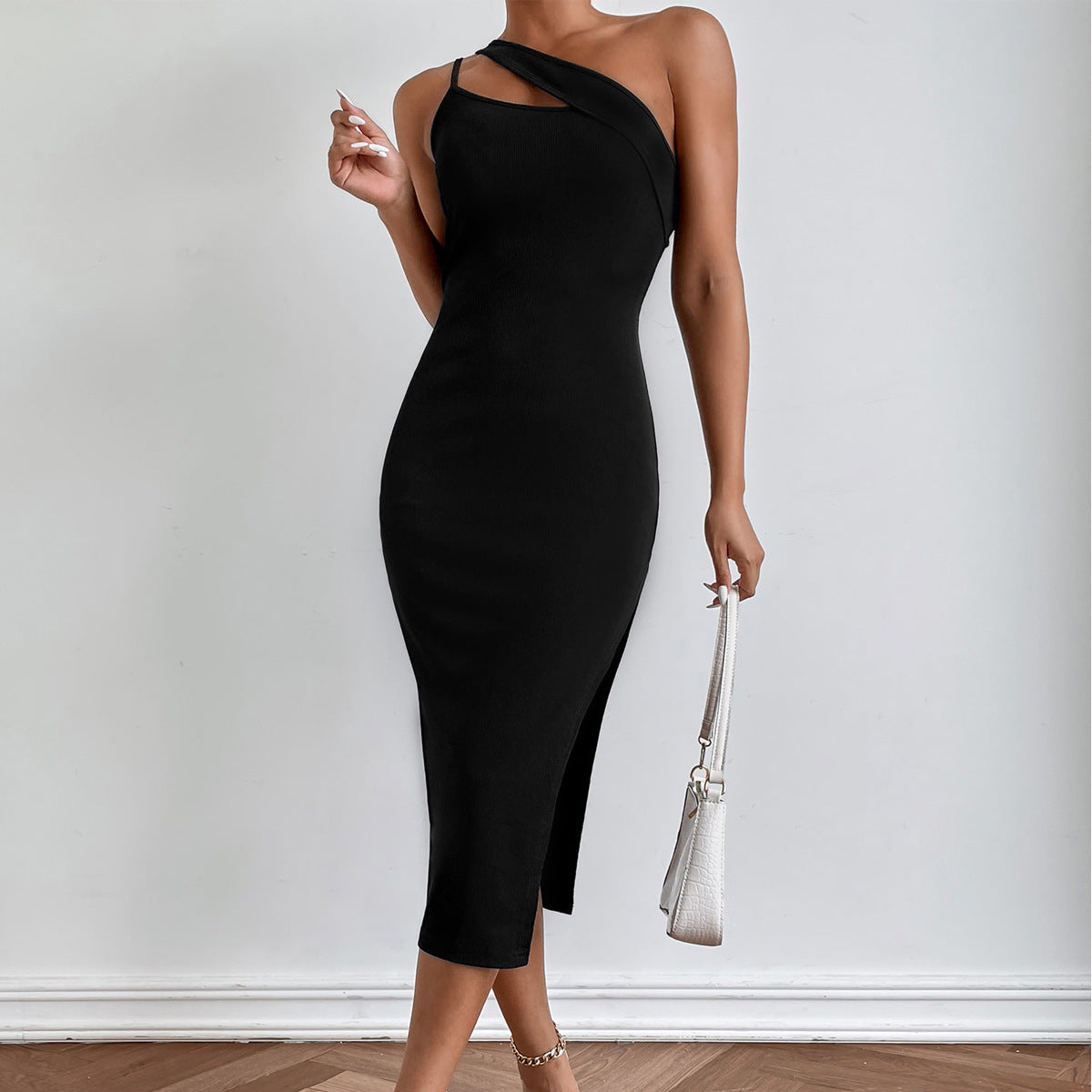 Slit Shoulder Slimming Open Back Dress