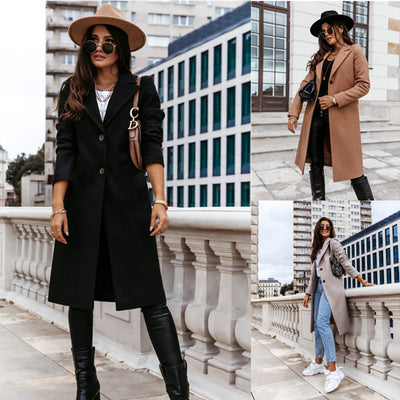 Solid Color Long-sleeved Suit Collar Woolen Coat Jacket