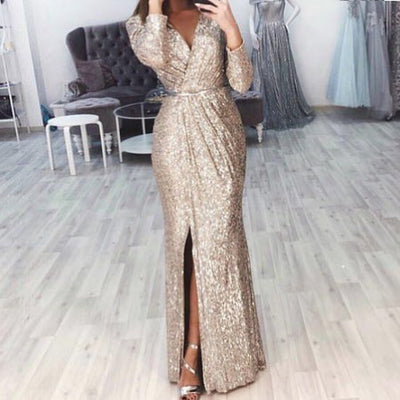 Women's Long Dress Evening Dress Deep V-neck - Dignitestore Gold / S Lady dress